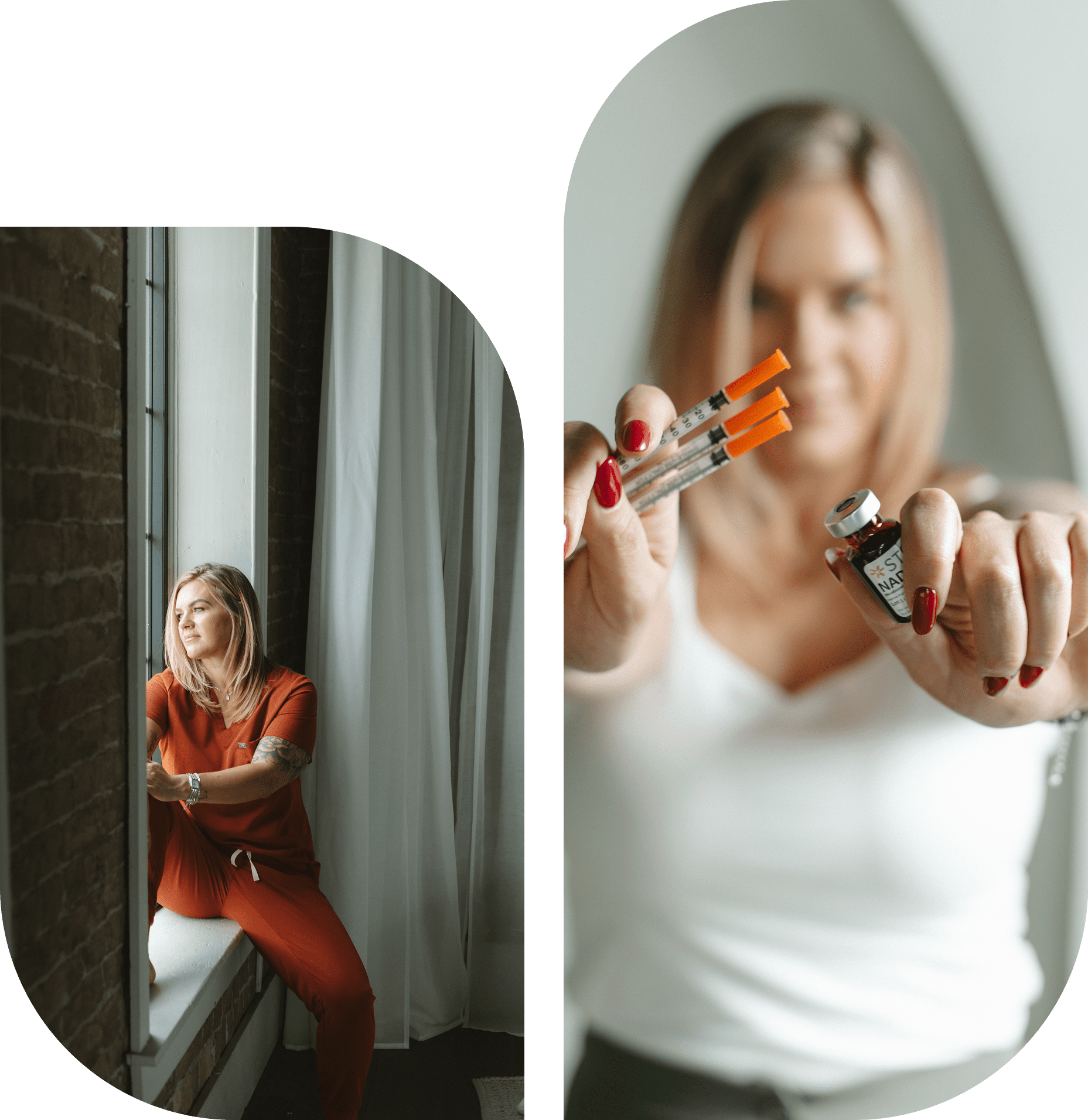 Woman holding a cut red bell pepper and a knife, with a reflection on the side.