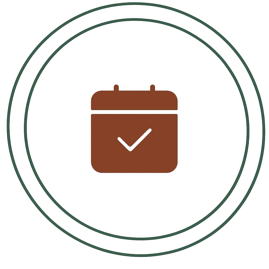 Calendar icon with a checkmark inside a circular border.