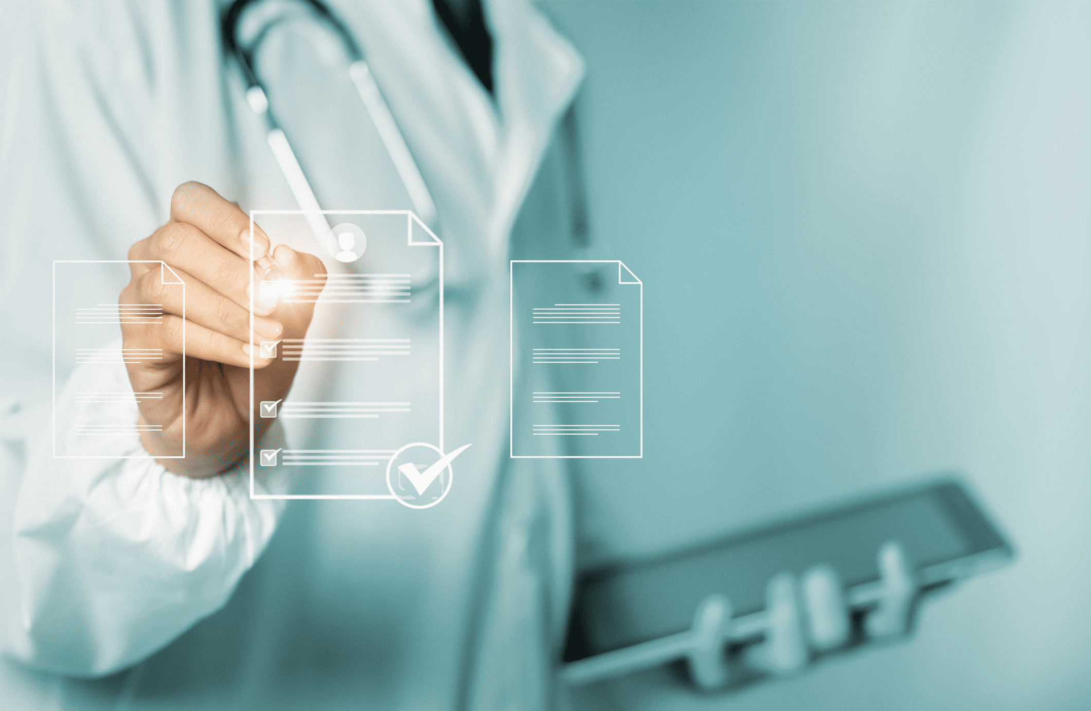 Medical professional interacting with digital health records interface.