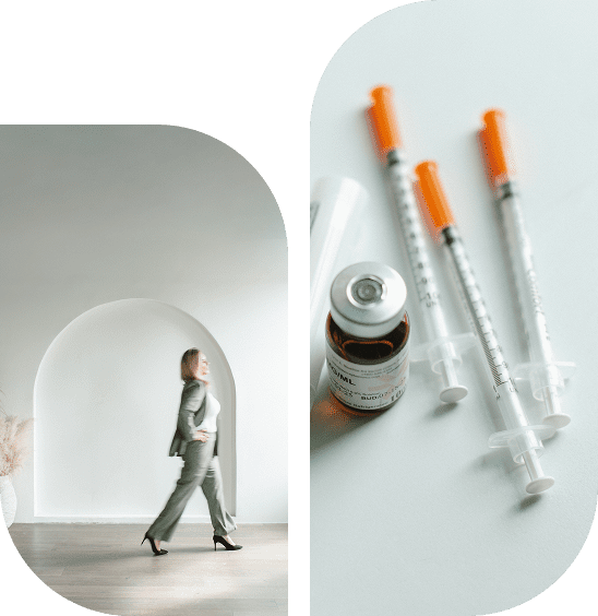 A person walking through a modern, curved hallway with a white, minimalistic design.